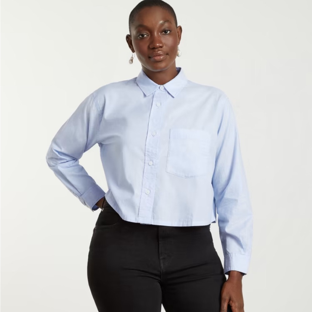 Everlane Shirt Womens XL GREEN Button Up The Silky Cotton Way Short Crop